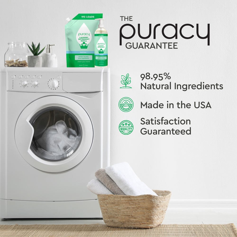Laundry room featuring a 10x concentration washing machine, soft towels, and Puracy Natural Liquid Laundry Detergent with Stain Fighting Enzymes - Fresh Linen. Perfect for sensitive skin, its gentle formula ensures effective cleaning while maintaining fabric softness. Enjoy the pristine wash that cares for both clothes and skin alike.