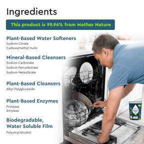 Someone is loading a dishwasher using Natural Dishwasher Detergent Pods (50 Count), which are enzyme-powered and filled with plant-based, biodegradable ingredients. They're perfect for tackling stubborn stains, even in hard water.