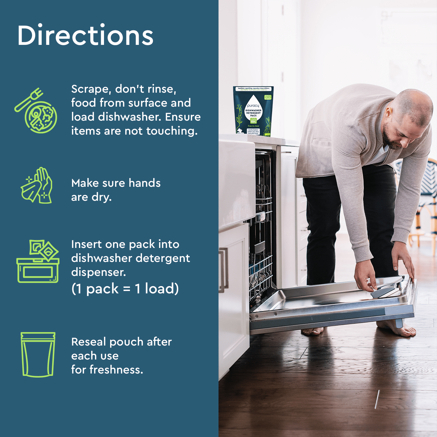 A man loads the dishwasher with illustrated cleaning instructions on the side, emphasizing the use of Natural Dishwasher Detergent Pods (50 Count), which are enzyme-powered to tackle stubborn stains, even in hard water conditions.