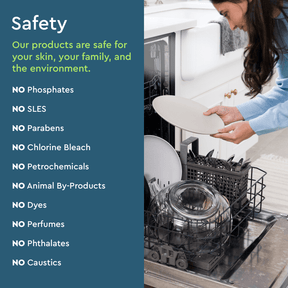 A person loads the dishwasher, grateful for the Natural Dishwasher Detergent Pods (50 Count) that use enzymes to tackle tough stains effortlessly. To the left is a reassuring list of chemicals absent from this eco-friendly product, which performs perfectly even in hard water conditions.