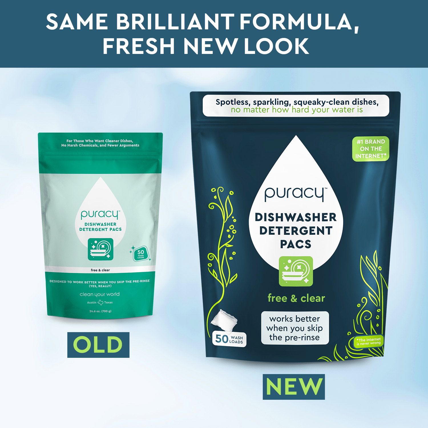 Two Trial dishwasher detergent pods: old design on left, new biodegradable design on right.