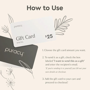 Guide for using a $25 Puracy Gift Card with floral design.