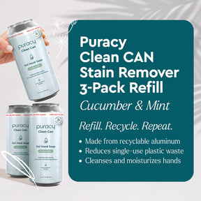 Puracy Gel Hand Soap 3-Pack Refill: Cucumber & Mint, made with recyclable aluminum and eco-friendly, hydrating gel cleansing liquid using plant-derived ingredients.