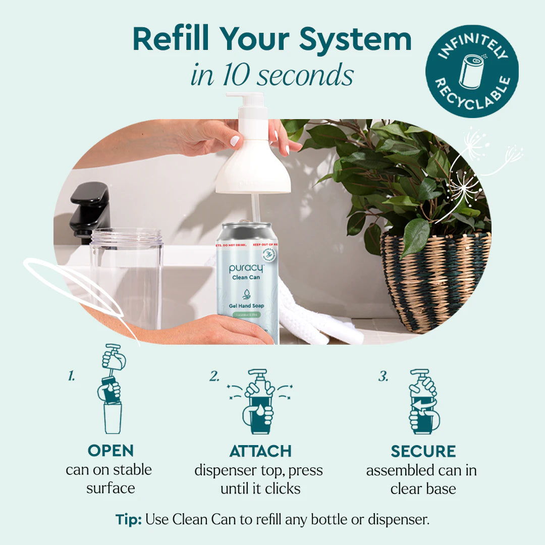 Effortlessly refill your system with a counter-top soap dispenser. Simply follow the steps to open, attach, and secure a recyclable can filled with Gel Hand Soap, featuring moisturizing and hydrating gel cleansing liquid hand soap made from plant-derived ingredients for a consistently clean routine.