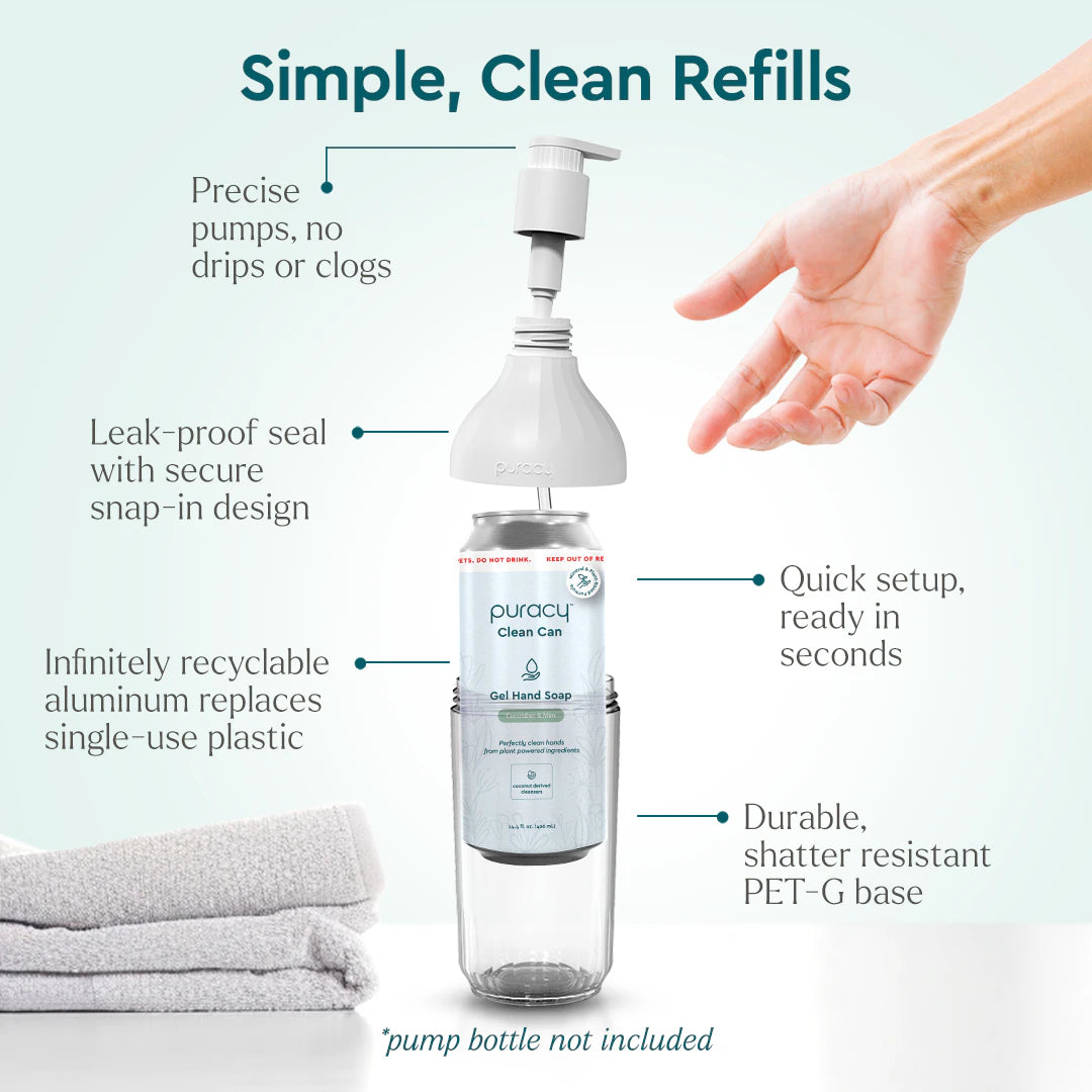 A hand reaches for a refillable dispenser of Gel Hand Soap, which features plant-derived ingredients that make it both moisturizing and hydrating.