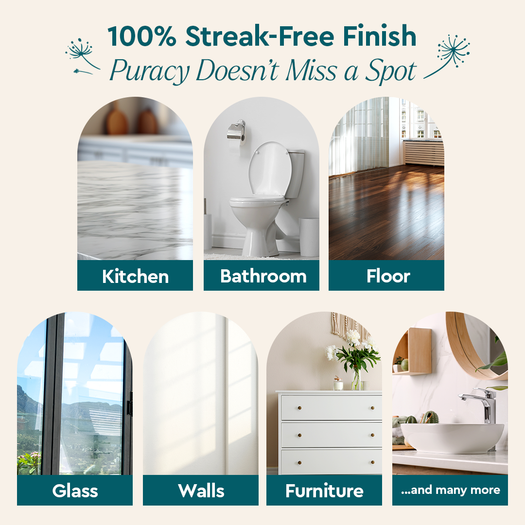 Collage of surfaces cleaned with Refill (Natural Multi-Surface Cleaner Concentrate): kitchen, bath & more.#scent_organic-lemongrass|size_concentrate