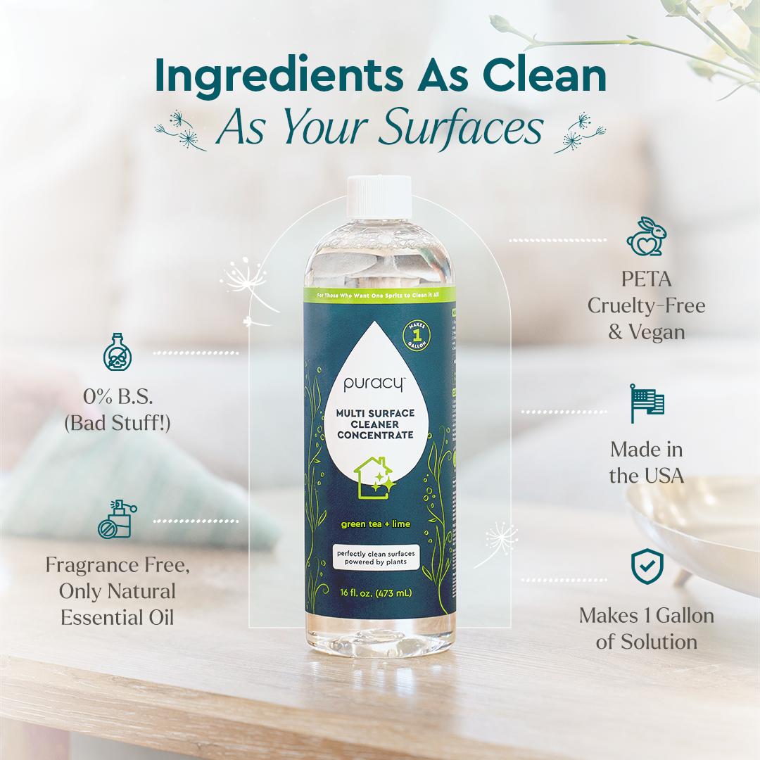 A bottle of Refill (Natural Multi-Surface Cleaner Concentrate) is shown, featuring clean, ethical ingredients.#scent_green-tea-&-lime|size_concentrate