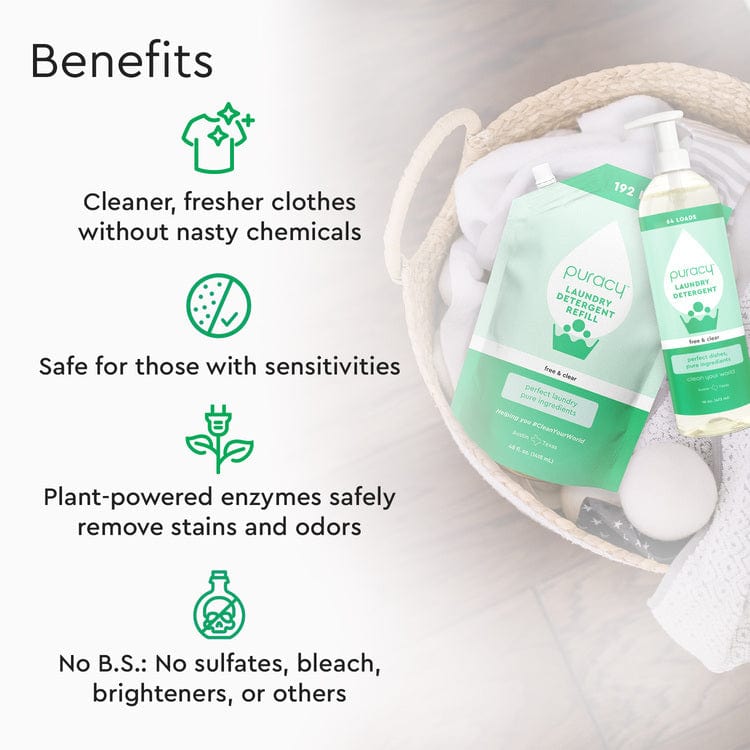 Puracy Natural Liquid Laundry Detergent with Stain Fighting Enzymes in a basket; offers benefits such as being a safe, plant-powered option that's perfect for sensitive skin and free of harsh chemicals.