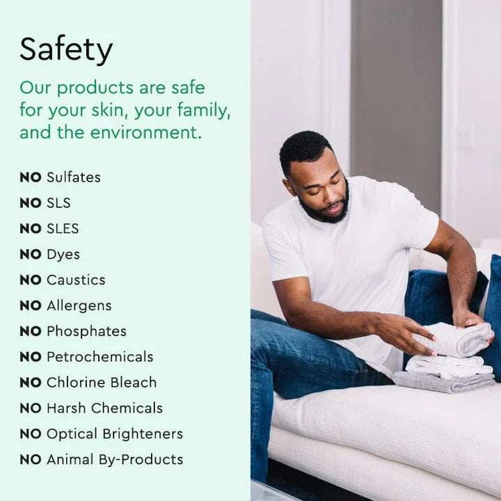 Man folding laundry; highlighted on the left is a list of benefits from using the eco-friendly Natural Stain Remover 12oz + Laundry Detergent Bundle.