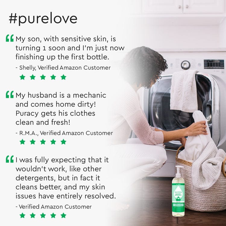 A person loads laundry into a washing machine, with a bottle of Puracy Natural Liquid Laundry Detergent with Stain Fighting Enzymes - Fresh Linen nearby. This detergent, ideal for sensitive skin, offers a 10x concentrated formula that ensures both cleanliness and care. Testimonials overlayed.