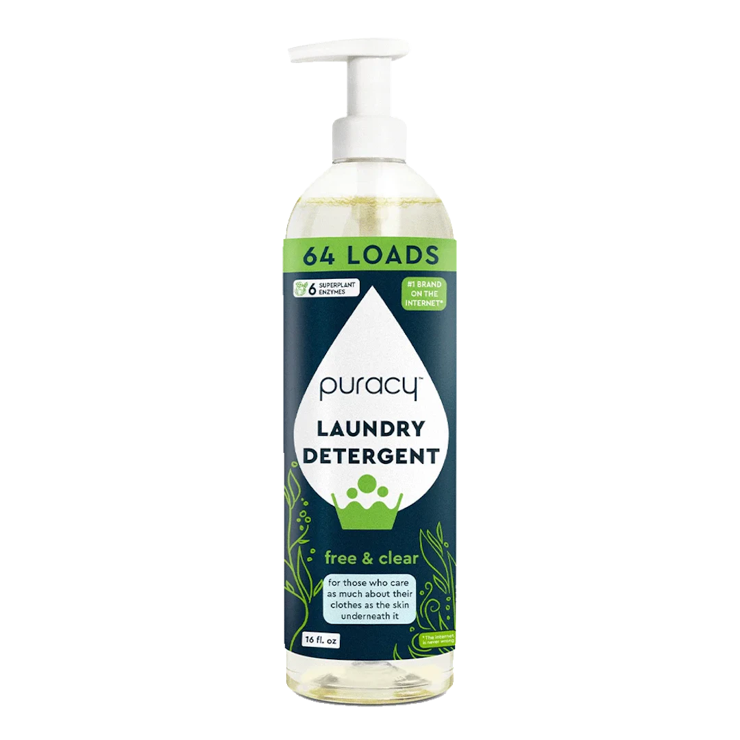 Bottle of Laundry Detergent (Concentrated, Sulfate-Free) by Puracy, eco-friendly and hypoallergenic, labeled as free & clear and suitable for 64 loads, featuring a convenient pump dispenser.