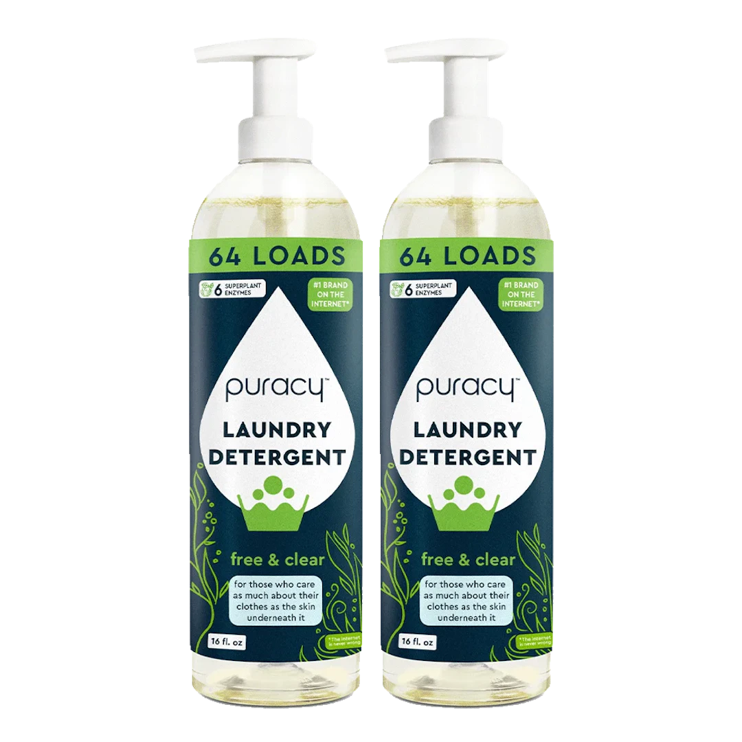 Two bottles of concentrated, sulfate-free Puracy Laundry Detergent, each offering 64 loads with a free & clear label. This eco-friendly and hypoallergenic formula provides a gentle yet powerful clean for your clothes.