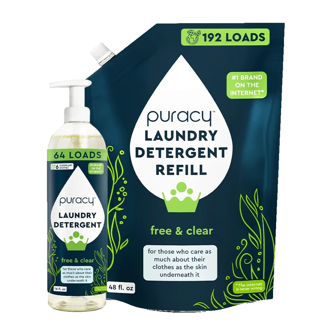 The Laundry Detergent (Concentrated, Sulfate-Free) by Puracy is available in a refill pouch with green accents, providing hypoallergenic and eco-friendly cleaning power along with comprehensive volume details.