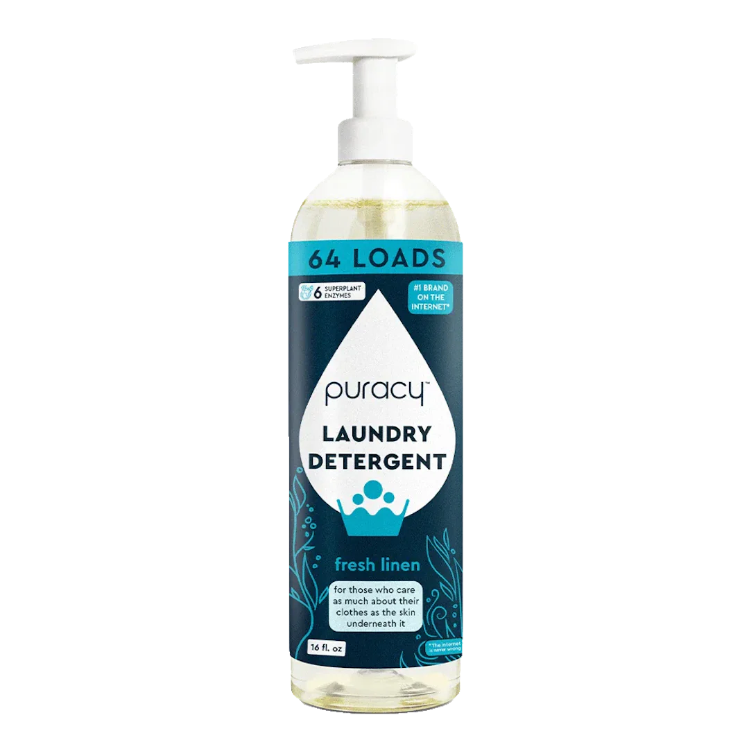 Bottle of Puracy Natural Liquid Laundry Detergent with Stain Fighting Enzymes - Fresh Linen, specially designed for sensitive skin. Its 10x concentration guarantees powerful cleaning while remaining gentle.