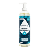 A bottle of the concentrated, sulfate-free Laundry Detergent in Fresh Linen scent, suitable for 64 loads, featuring a convenient pump dispenser. This hypoallergenic and eco-friendly formula effectively cleans your clothes while being gentle on sensitive skin.