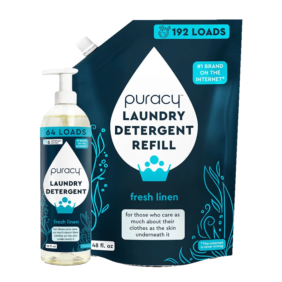 Puracy Laundry Detergent (Concentrated, Sulfate-Free) bottle and refill pack feature a fresh linen scent and an eco-friendly blue and white design, which is also hypoallergenic.