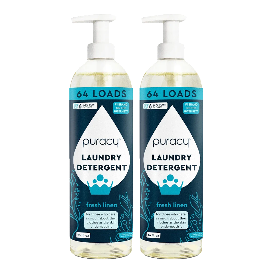 Two bottles of eco-friendly Laundry Detergent (Concentrated, Sulfate-Free) in a fresh linen scent, each formulated for 64 loads and hypoallergenic.