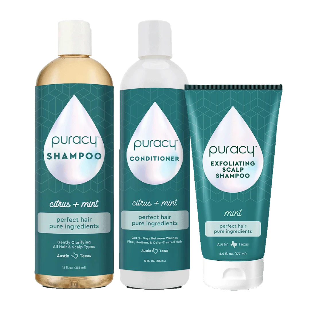 The New Hair Care Bundle includes three bottles: shampoo, conditioner, and an exfoliating scalp scrub in a citrus + mint scent, all made with biodegradable ingredients. This natural hair care line is intentionally pH-balanced for optimal scalp health.