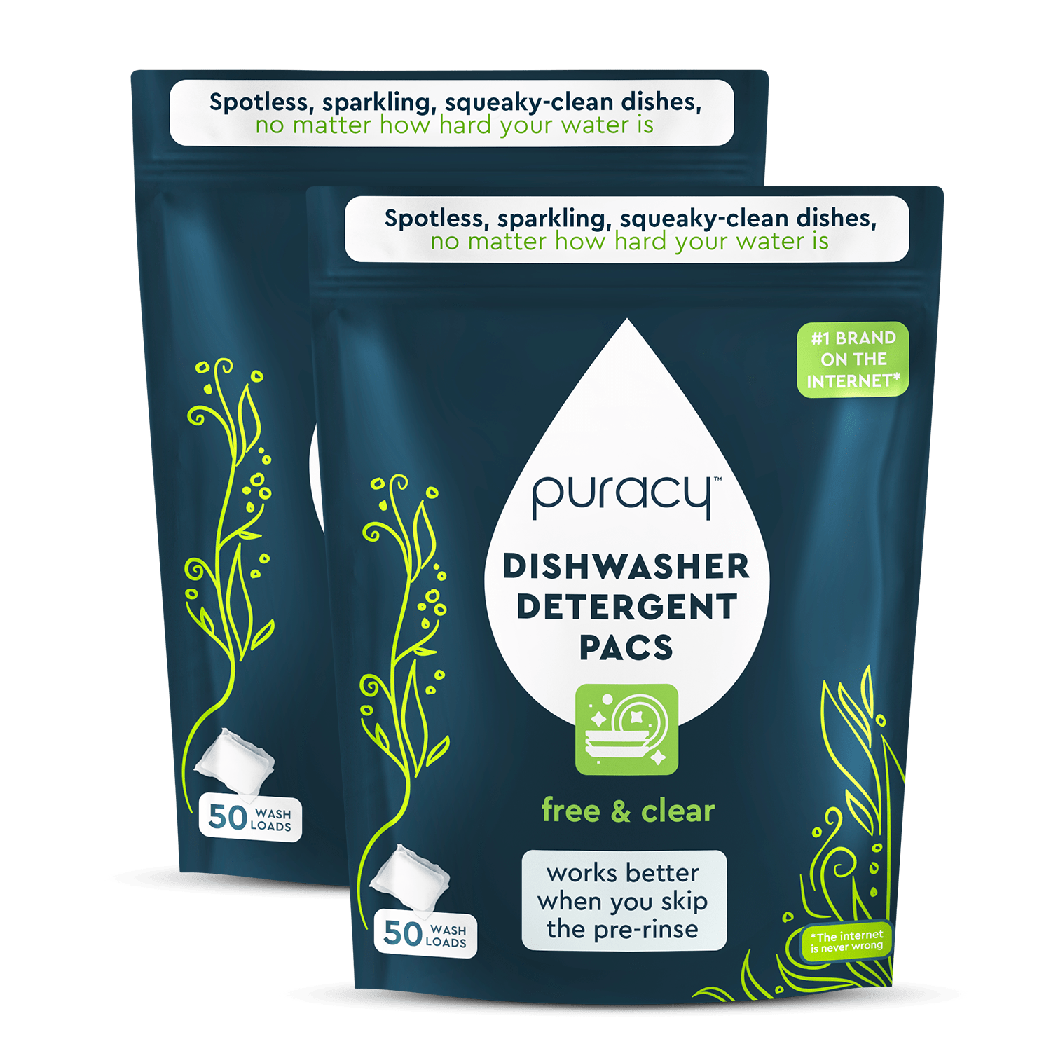 Two bags of Trial Dishwasher Detergent Pods, free & clear, each with 50 biodegradable pacs.
