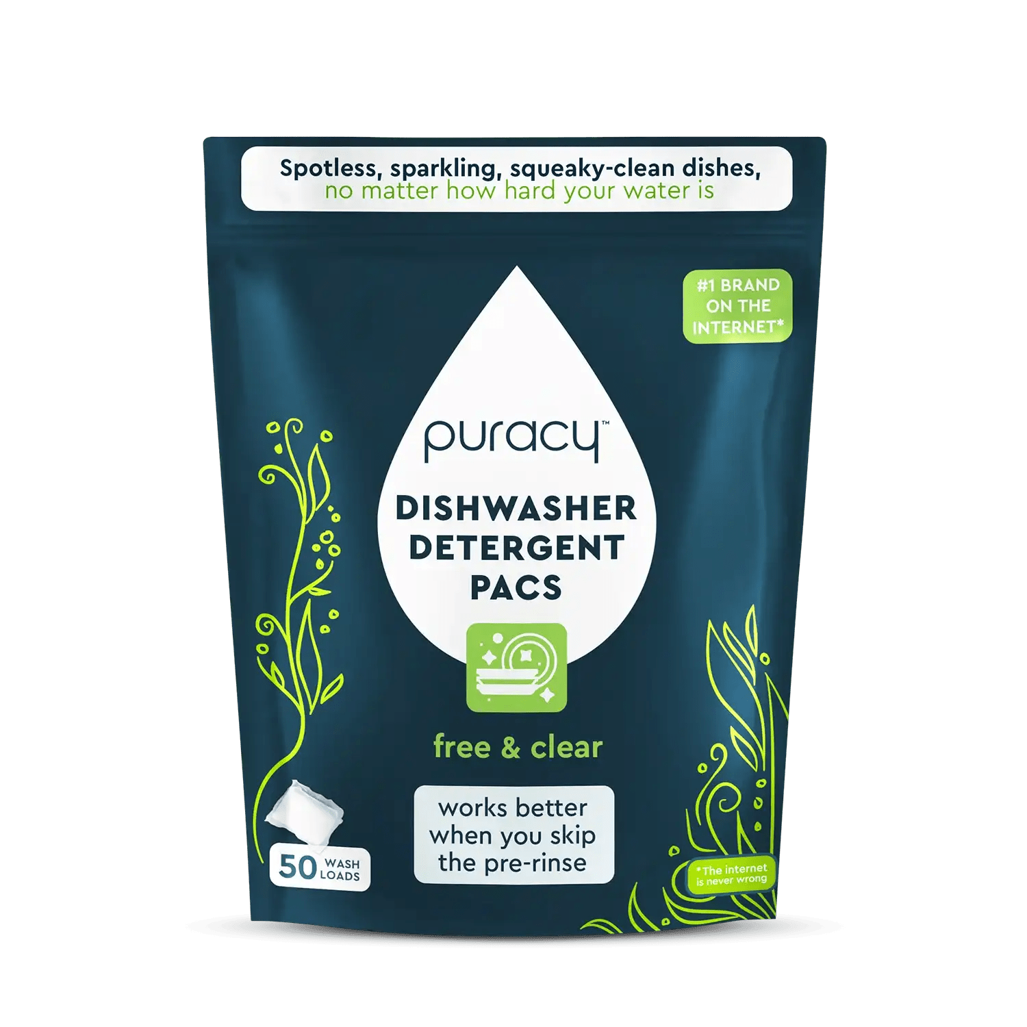 Trial Dishwasher Detergent Pods, 50 loads, blue/green biodegradable packaging.