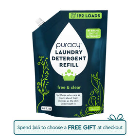 Puracy eco-friendly Laundry Detergent, 192 loads, green leaves design, sulfate-free with a free gift.