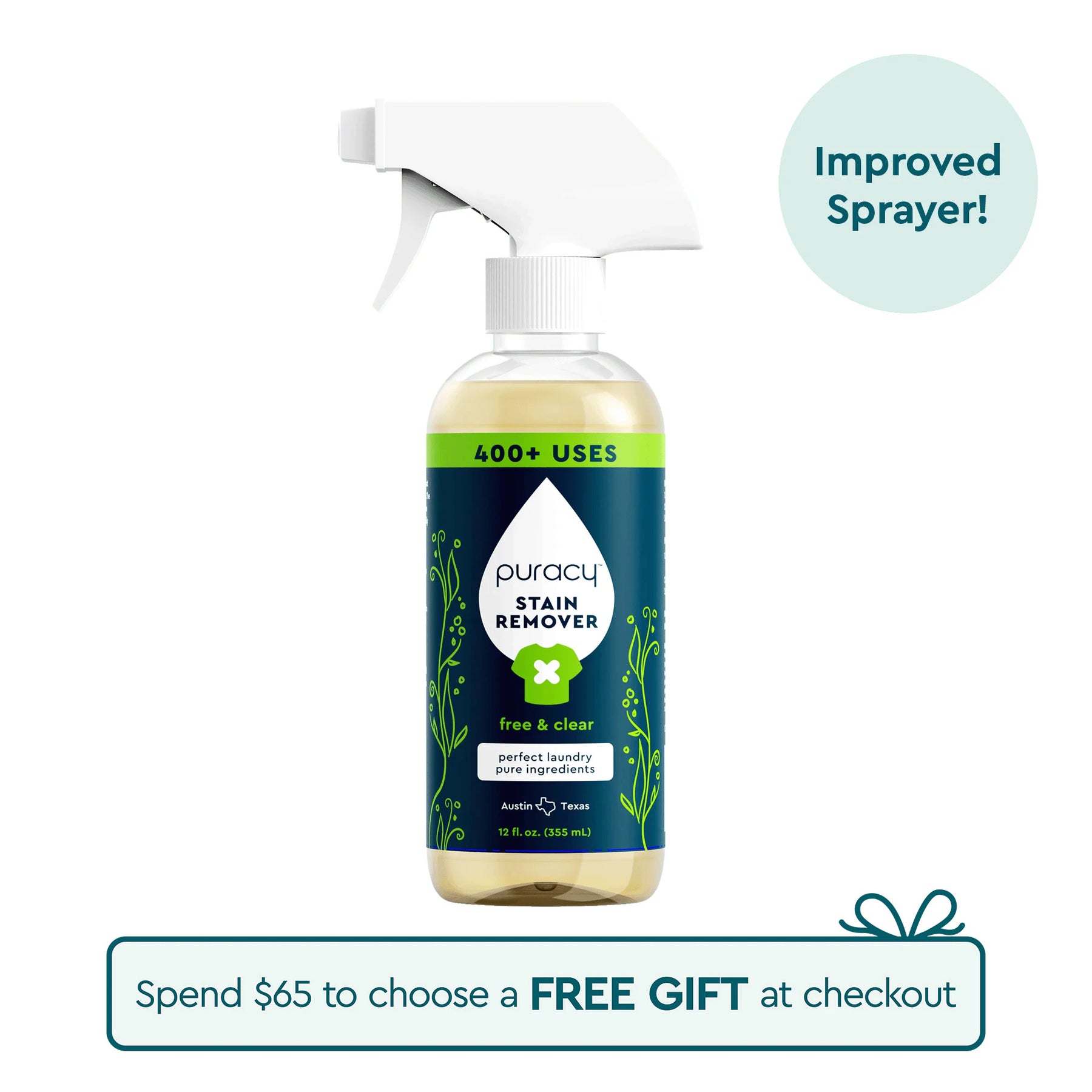 Puracys Laundry Stain Remover with updated sprayer; 400+ uses; free gift at $65 checkout.