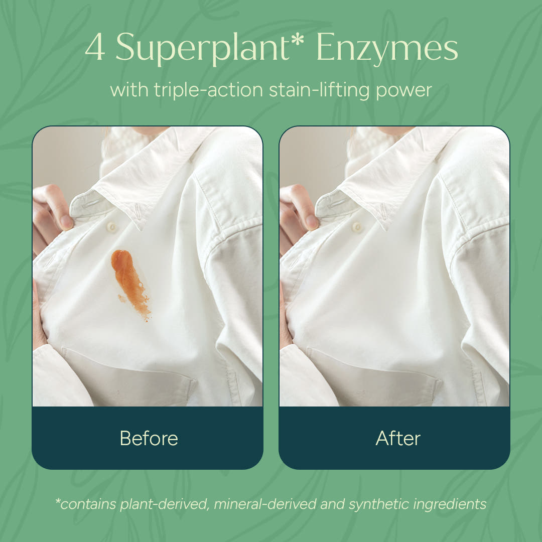 Before and after of a stained shirt cleaned with Laundry Detergent Concentrate + FREE Stain Remover.