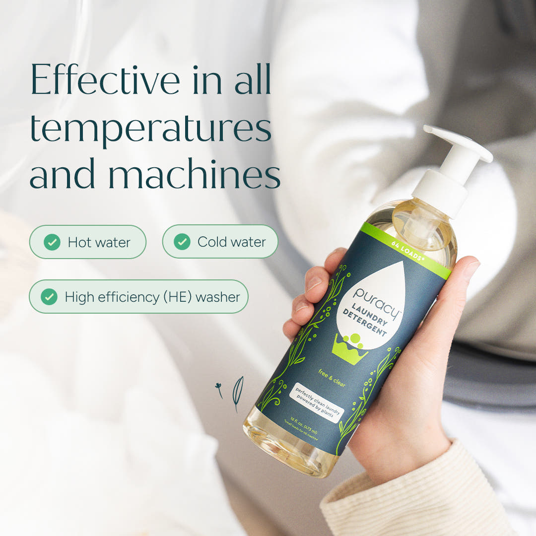 Hand holding Laundry Detergent Concentrate + FREE 4-oz Stain Remover, ideal for sensitive skin.