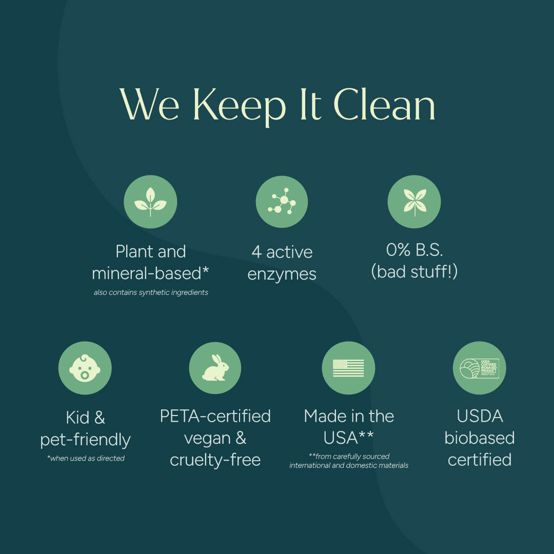 Green icons highlight stain-fighting enzymes and sensitive skin features in our Laundry Detergent Concentrate.