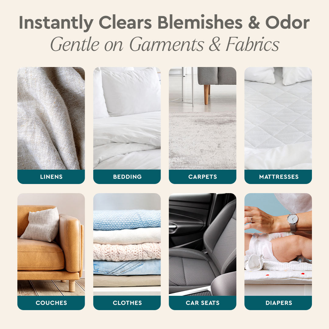 Grid of photos showing linens, bedding, and more refreshed with Instant Spot Remover.