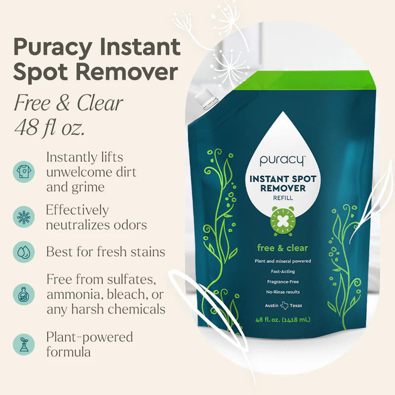 A pouch of Instant Spot Remover with plant-powered, no-rinse formula and benefits listed beside it. #common #scent_unscented refill_#size