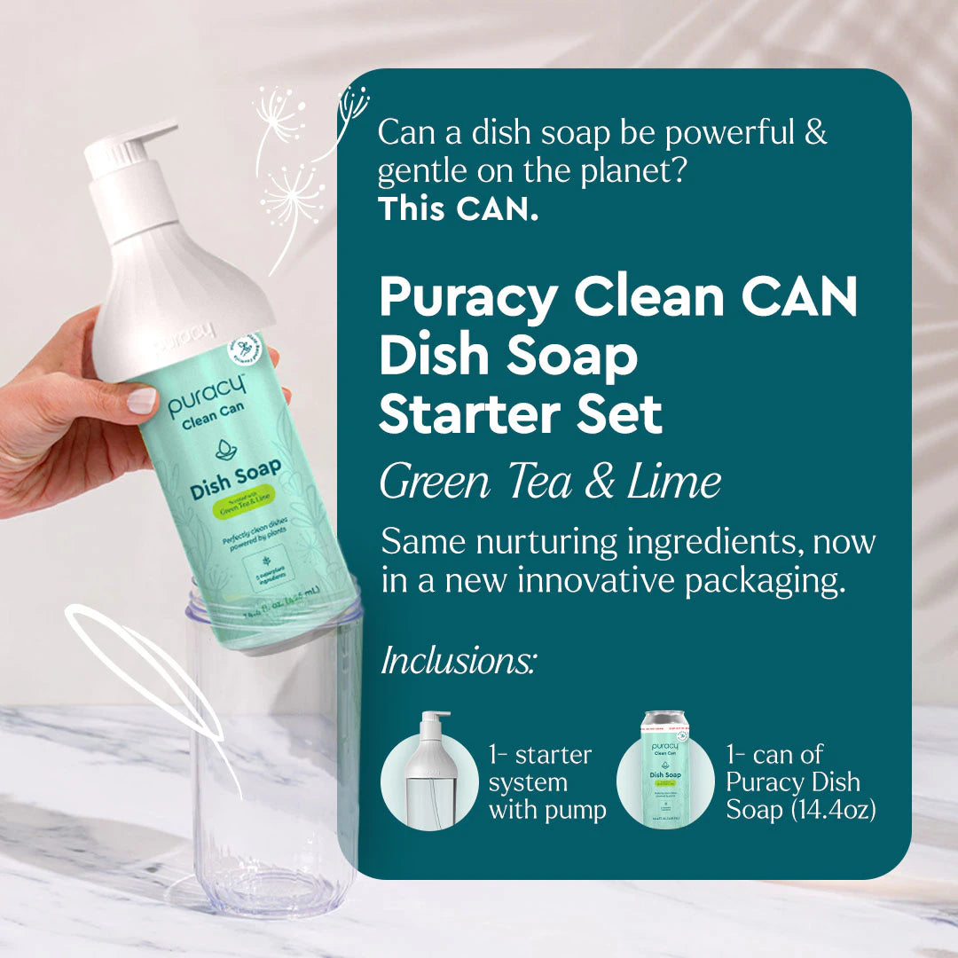 Puracy's Natural Dish Soap Starter Set comes with a refreshing green tea & lime fragrance and eco-friendly packaging.