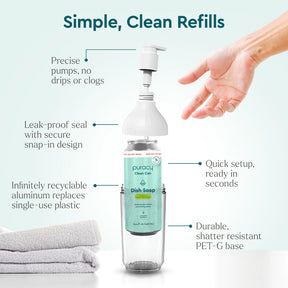 The Natural Dish Soap bottle features a robust, leak-resistant design with an accurate pump to ensure easy and tidy refills, all while being infused with a natural fragrance.