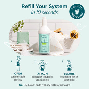 Natural Dish Soap bottle infused with a natural fragrance, featuring refill instructions and a graphic of an eco-friendly recyclable canister.