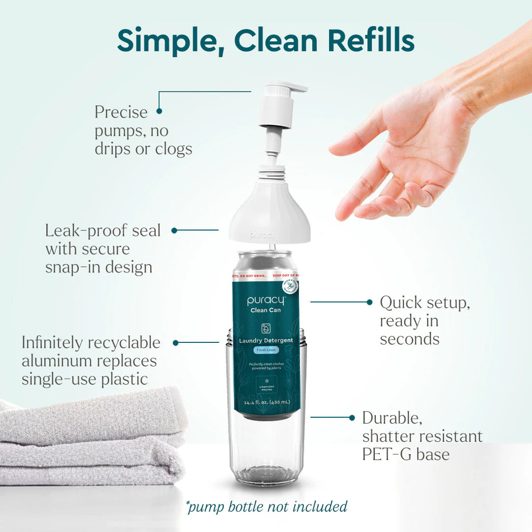 The refillable Laundry Detergent (Concentrated, Sulfate-Free) with a convenient pump offers eco-friendly performance and is suitable for sensitive skin. Freshly cleaned towels in the background highlight its effectiveness and gentle care.