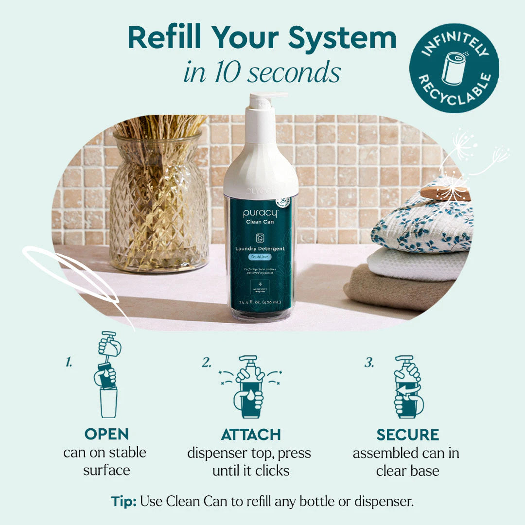 A can of concentrated, sulfate-free laundry detergent is on the table, featuring eco-friendly instructions for refilling in three simple steps.