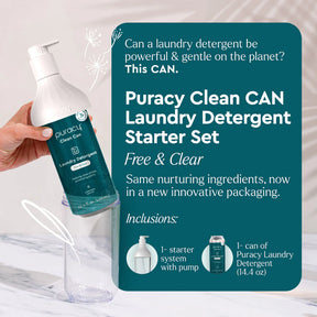 The Puracy Clean CAN laundry set ad highlights an eco-friendly Laundry Detergent (Concentrated, Sulfate-Free) available in a distinctive starter kit packaging, ideal for individuals looking for a hypoallergenic solution.