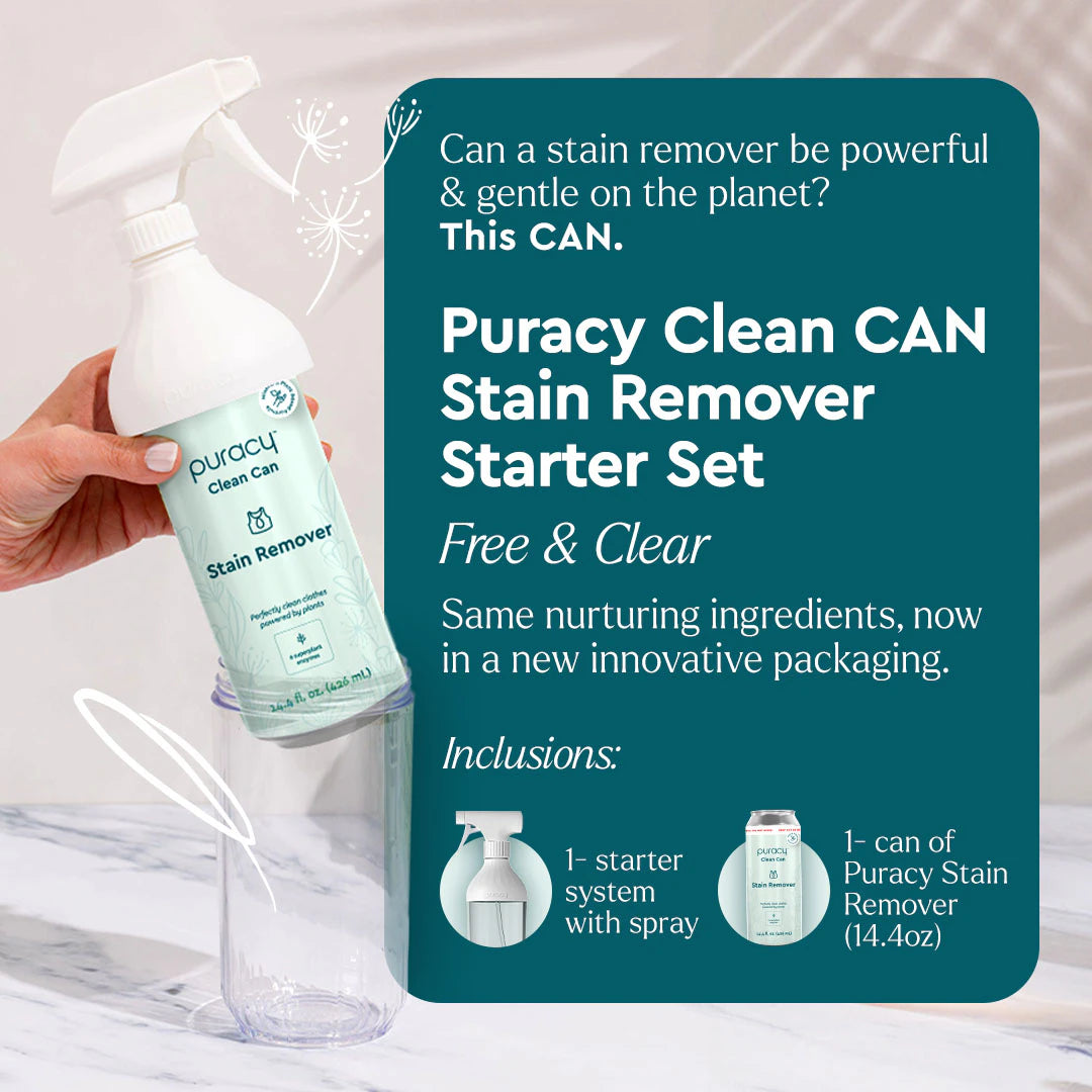 Laundry Stain Remover, with a plant-based formula, comes as a set including a spray bottle and stain remover canister, tastefully arranged on a marble surface. The recyclable packaging offers an environmentally conscious option for tackling laundry stains.