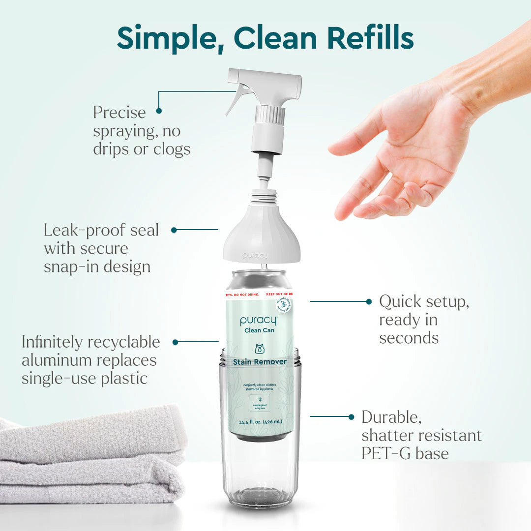 The Laundry Stain Remover spray bottle, designed with a precise spraying mechanism and a leak-proof seal for effortless refilling, is ideal for tackling stains. Additionally, it is packaged in recyclable materials to promote eco-friendly options.