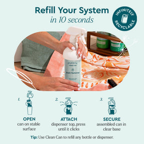 Spray bottle next to cloths; refill by opening, attaching, and securing the Laundry Stain Remover.