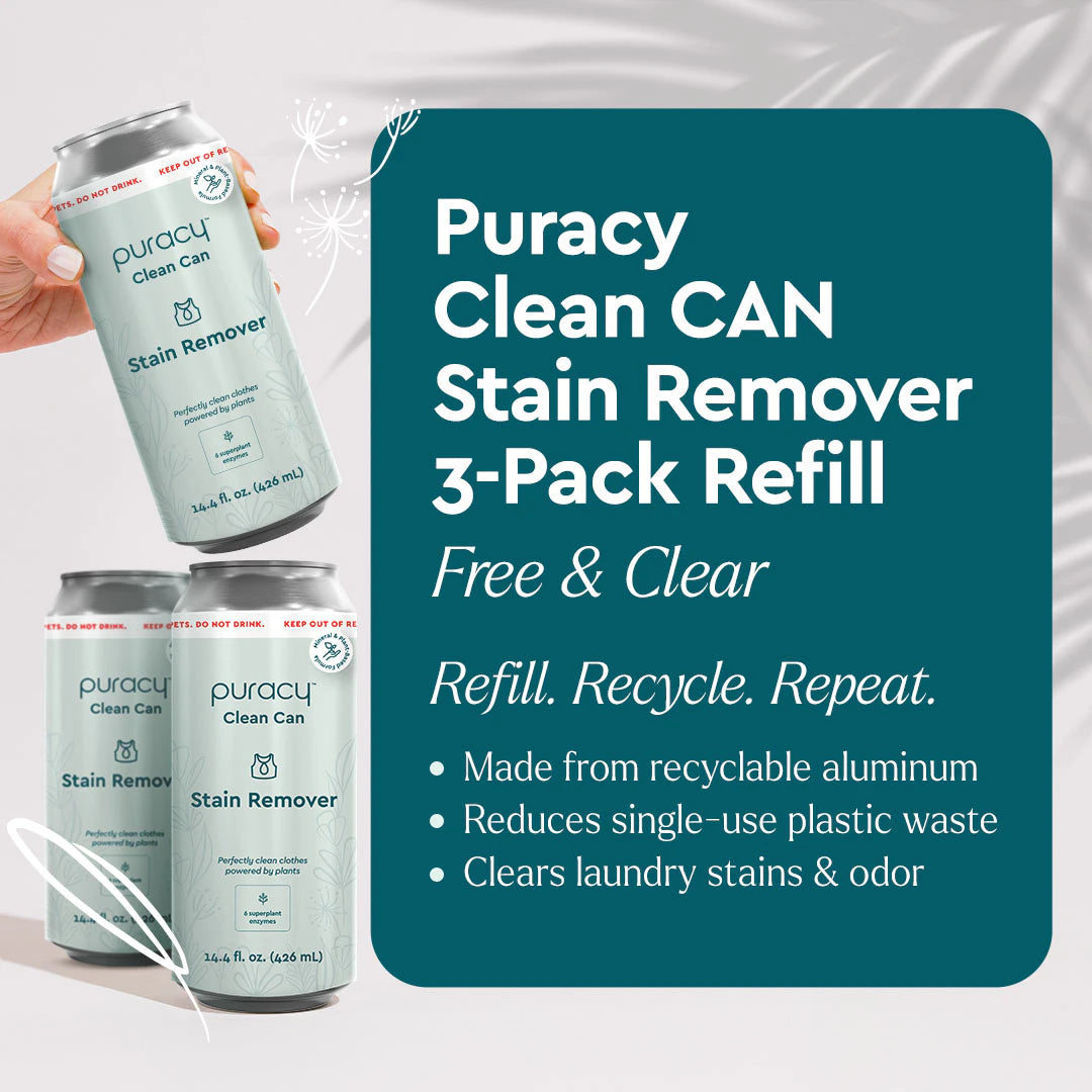 Cans of Laundry Stain Remover with eco-friendly messaging on a teal background.