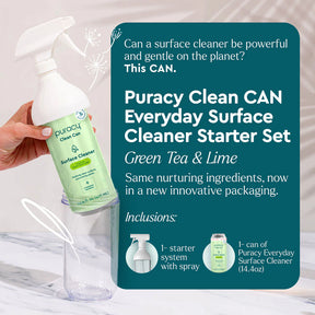 Puracy's Everyday Multi-Surface Cleaner, an eco-friendly spray and cleanser, stands out against a vibrant blue and pink background.