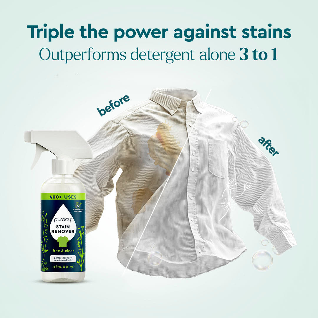 A shirt half-stained, half-clean sits beside Puracy's Laundry Stain Remover for New Customers.