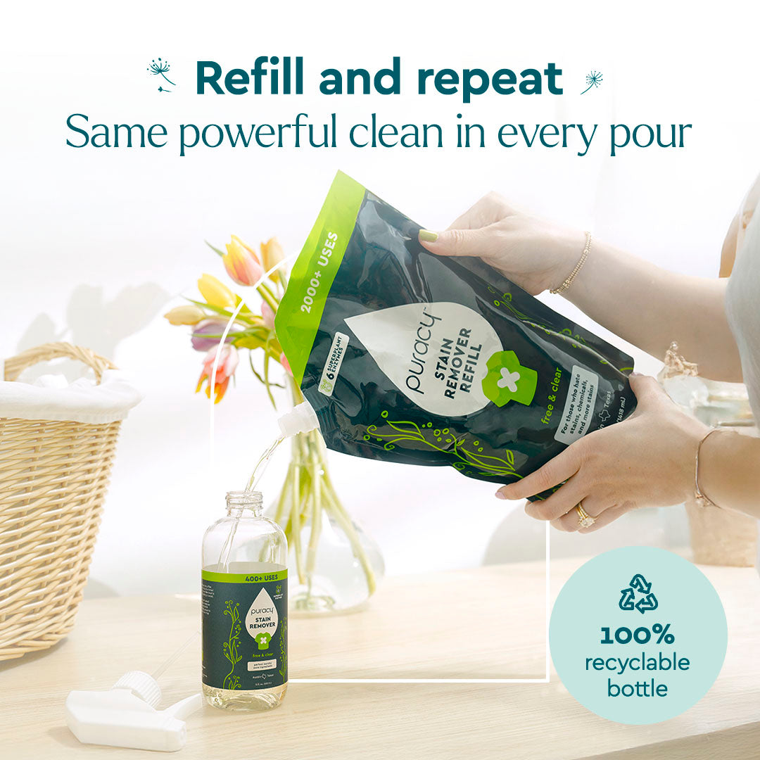 Someone refills a clear bottle with Laundry Stain Remover; text reads “Refill and repeat.”.