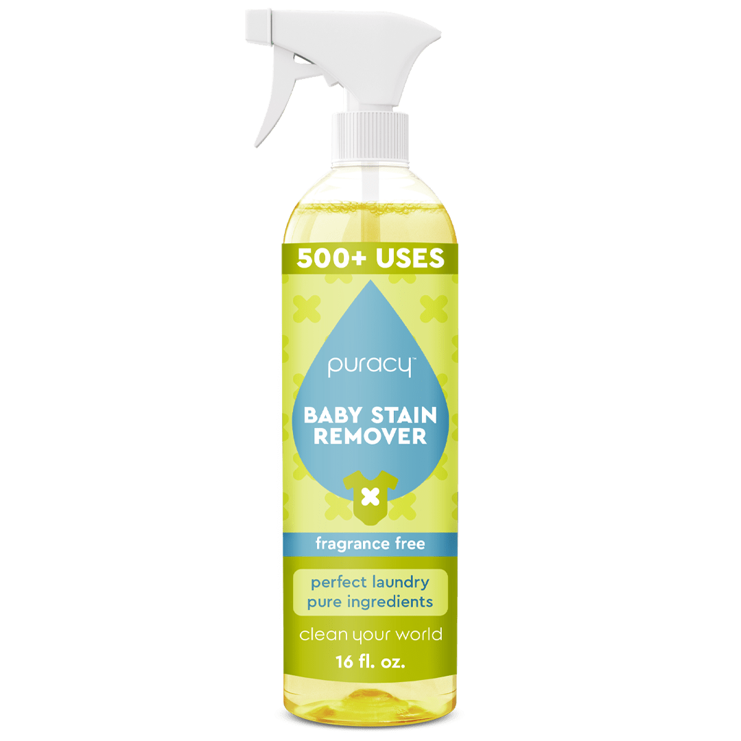 Bottle of Puracy Baby Stain Remover, offering over 500 uses. It features eco-friendly, plant-based enzymes and a hypoallergenic formula. This 16 fl oz product is fragrance-free.
