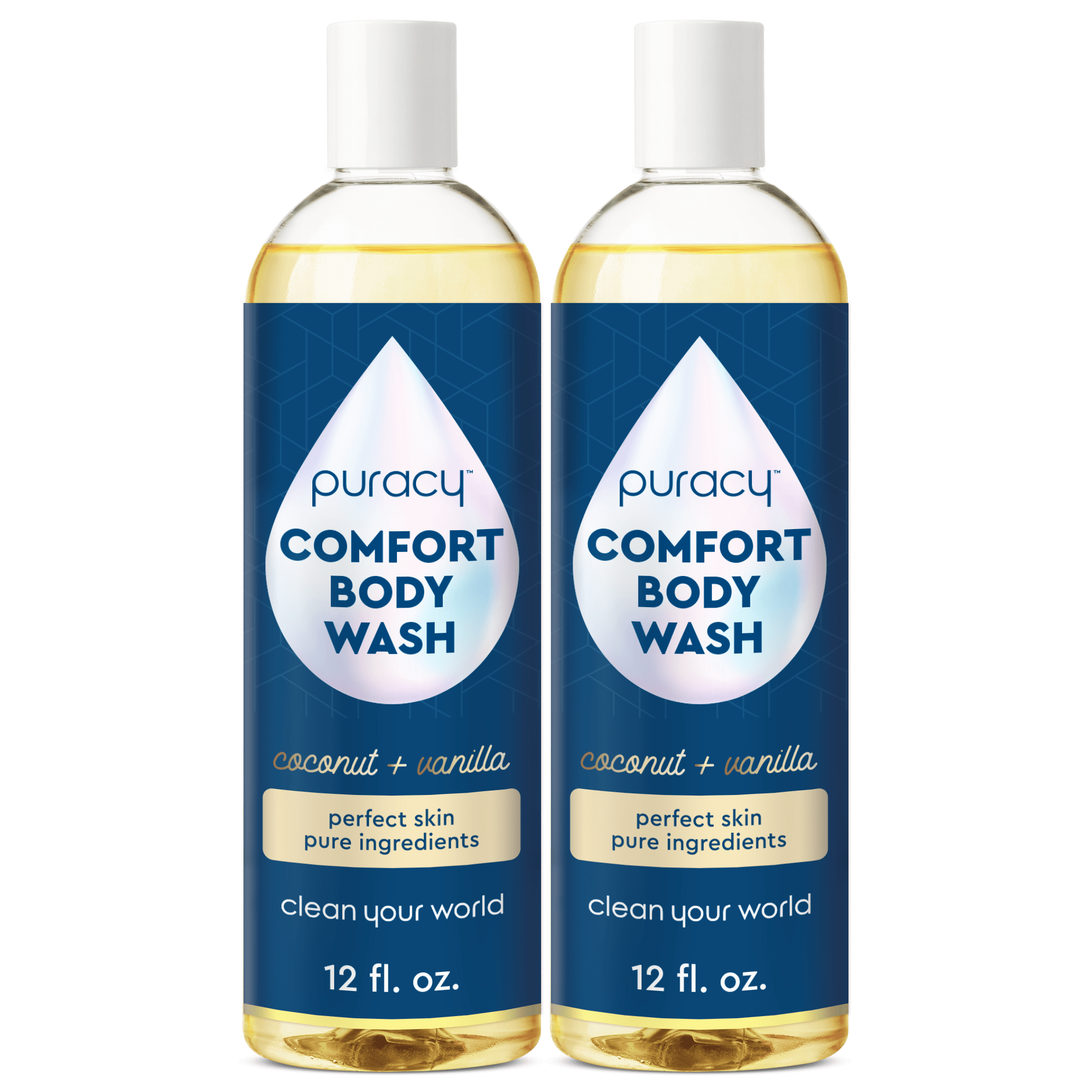 Two bottles of Refillable Body Wash, coconut & vanilla scent, 12 fl oz each, hypoallergenic.