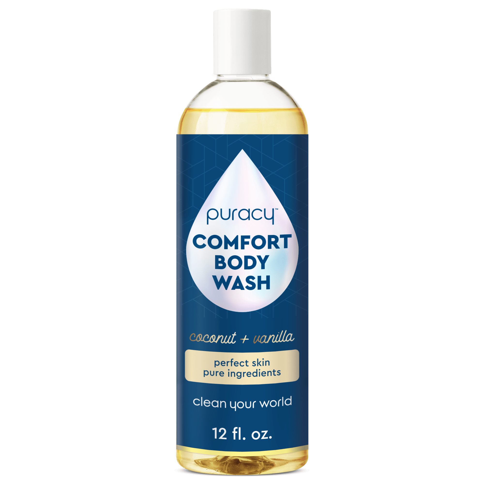 A 12 fl. oz. Refillable Body Wash, coconut and vanilla scent, with a natural formula.
