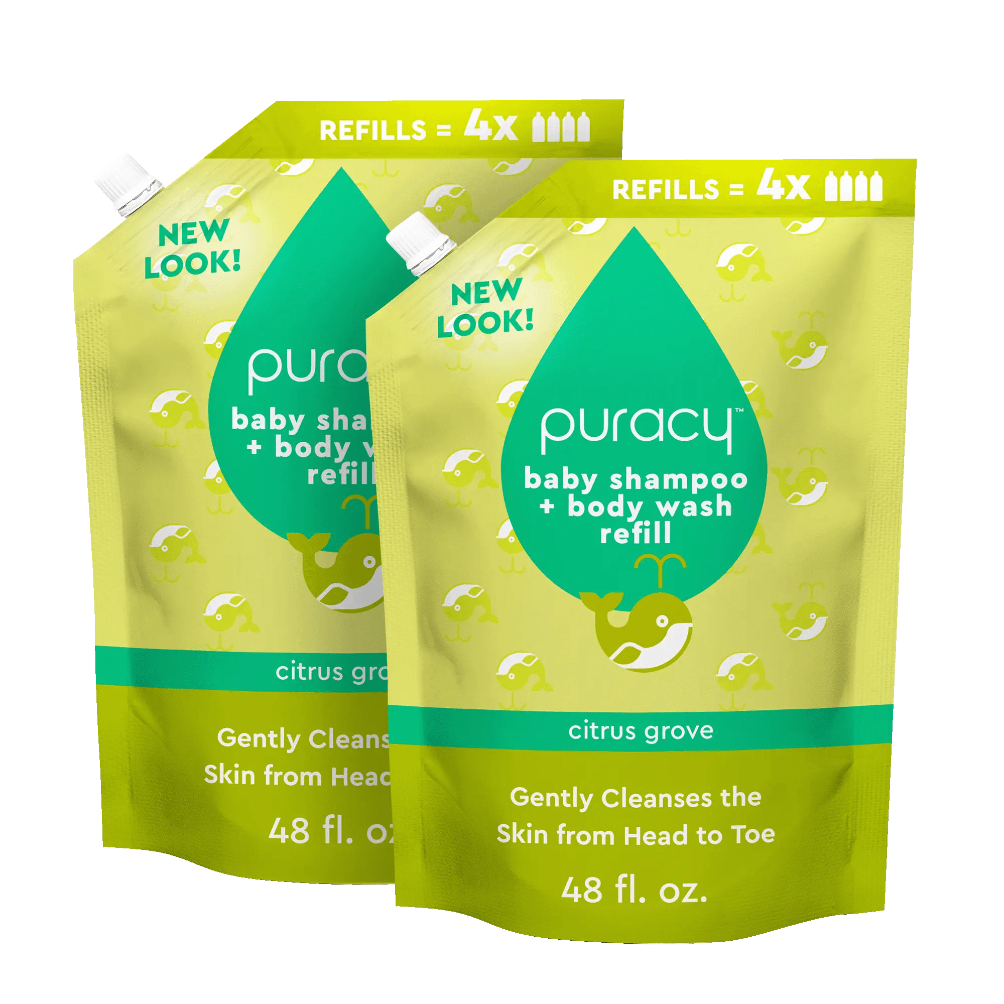 Two pouches of Baby Shampoo & Body Wash (Tear-Free) by Puracy, designed for sensitive skin with a refreshing citrus grove scent. Made from plant-derived ingredients, it's the perfect choice for a gentle baby bath experience.