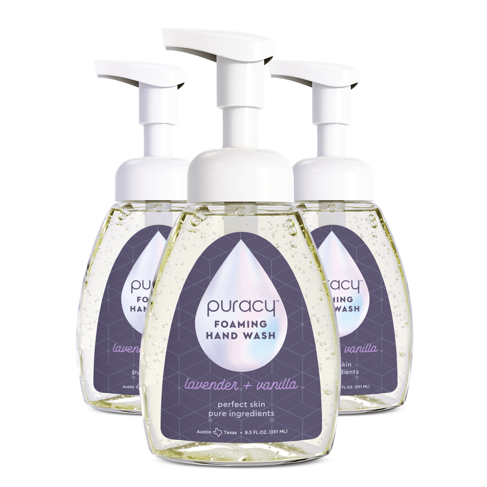 Three bottles of Foaming Hand Soap, made with plant-based ingredients and featuring a soothing lavender and vanilla scent, come with pumps. This eco-friendly formula is biodegradable, ensuring gentle care for both your hands and the planet.