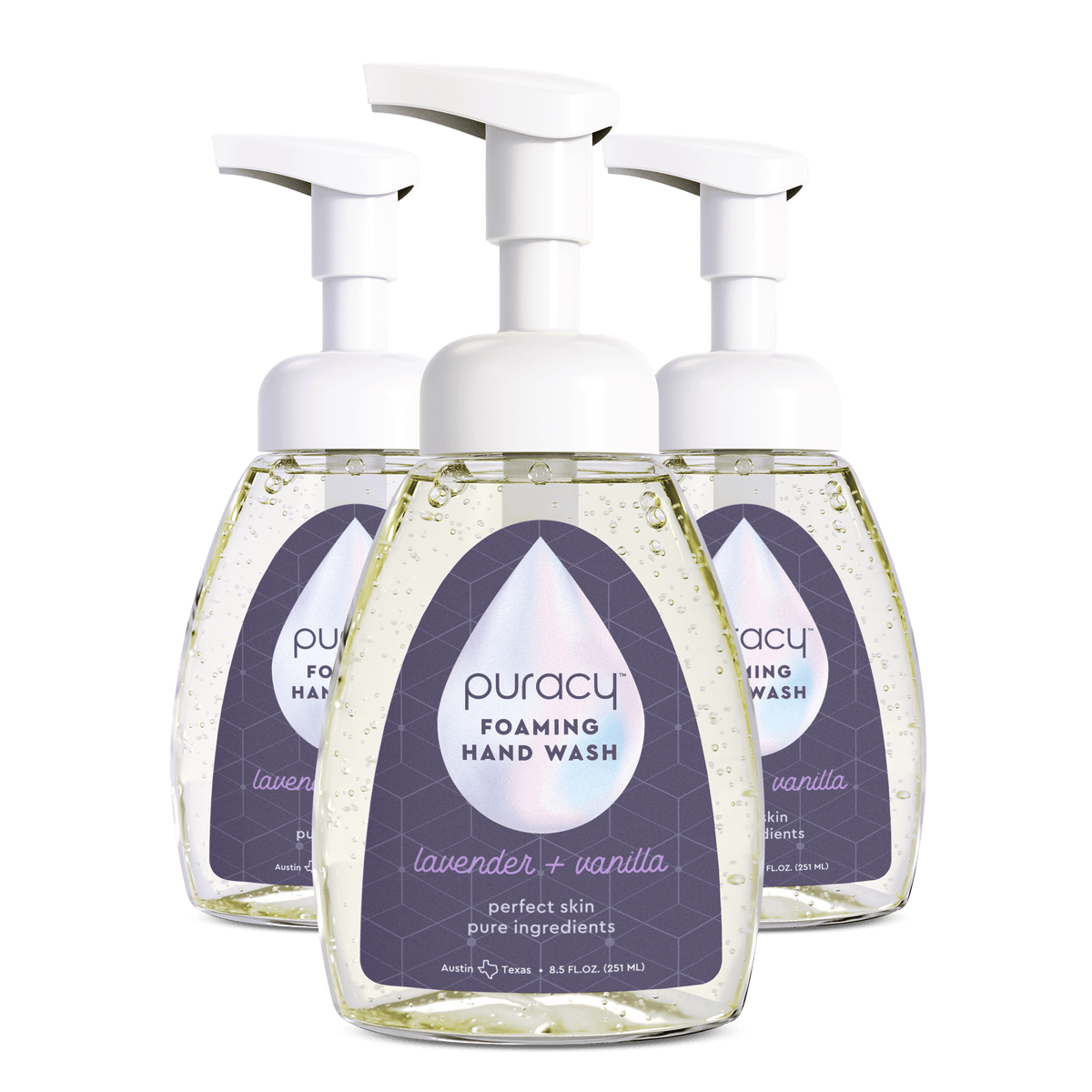 Three bottles of Foaming Hand Soap, made with plant-based ingredients and featuring a soothing lavender and vanilla scent, come with pumps. This eco-friendly formula is biodegradable, ensuring gentle care for both your hands and the planet.